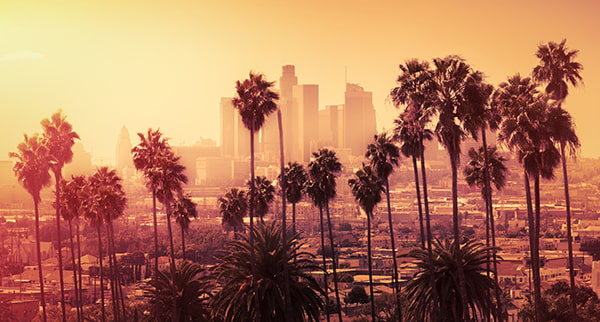 The Los Angeles skyline at sunset, framed by palm trees